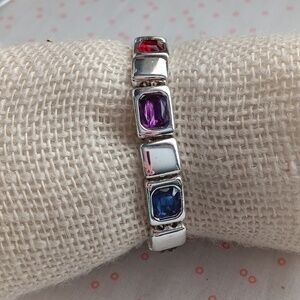 Vintage Silver Tone Linked Multi Colored Faceted Glass Bezeled Bracelet